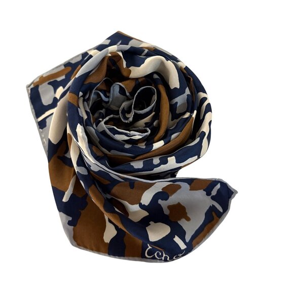 Echo Silk Scarf Abstract Blue Brown White Rectangle Vintage Modernist Classy - Picture 2 of 6